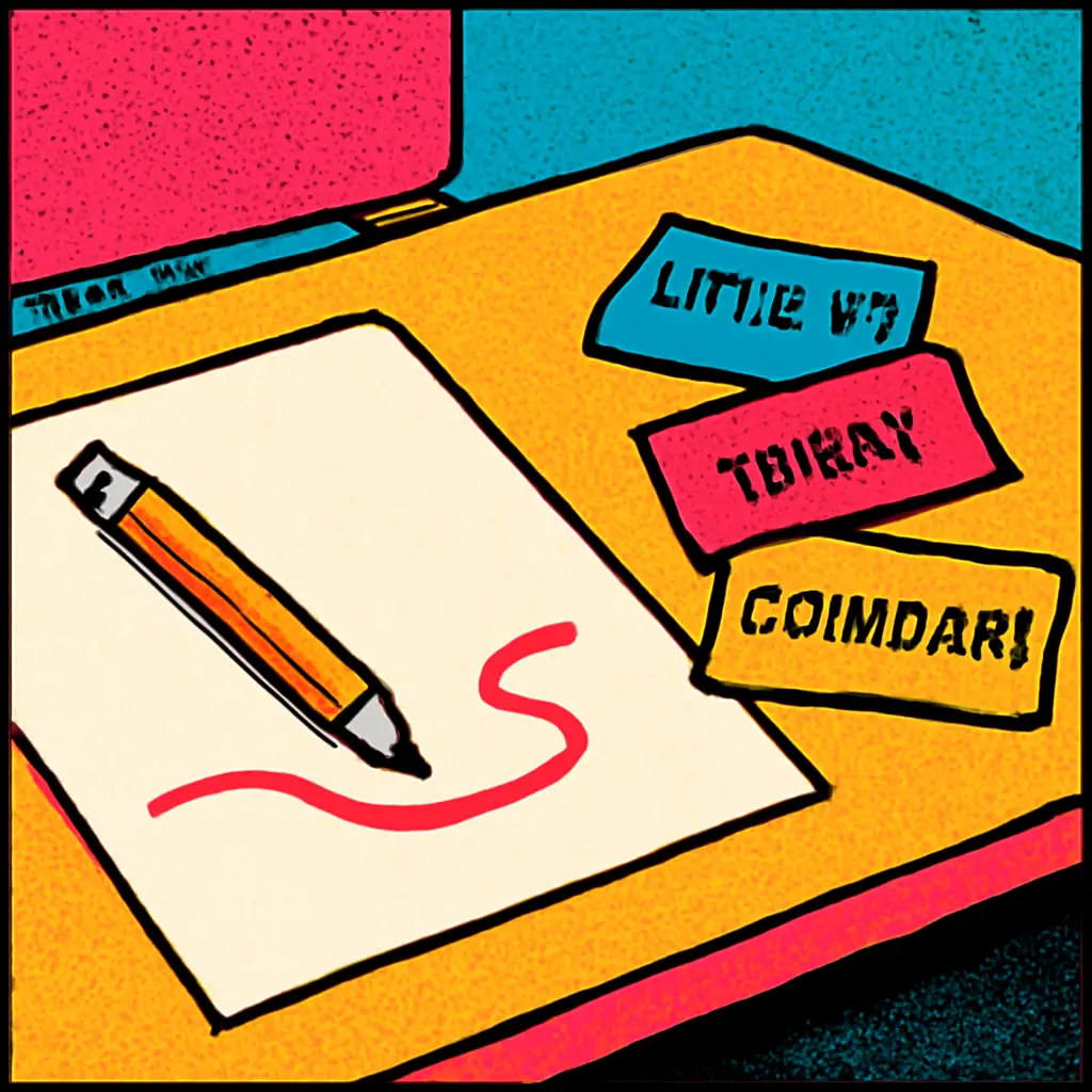 A worksheet and pencil trail stopping at a small gap beside three note cards on a desk.