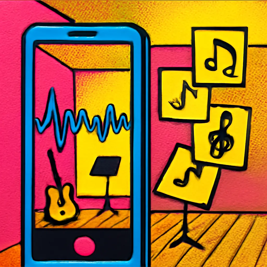 A smartphone rehearsal recording turning into organized musical notes beside a music stand.