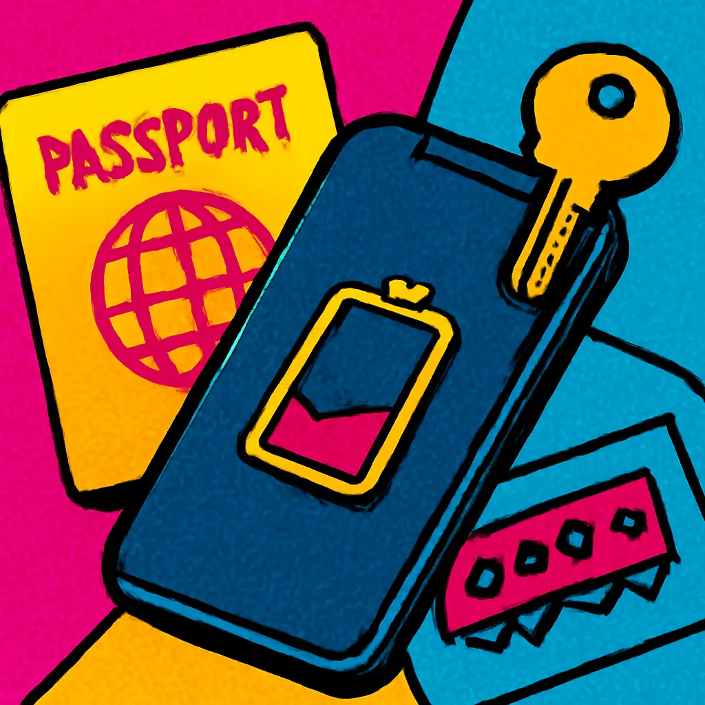 A folded travel information sheet beside a low-battery phone, hotel key, and train ticket.
