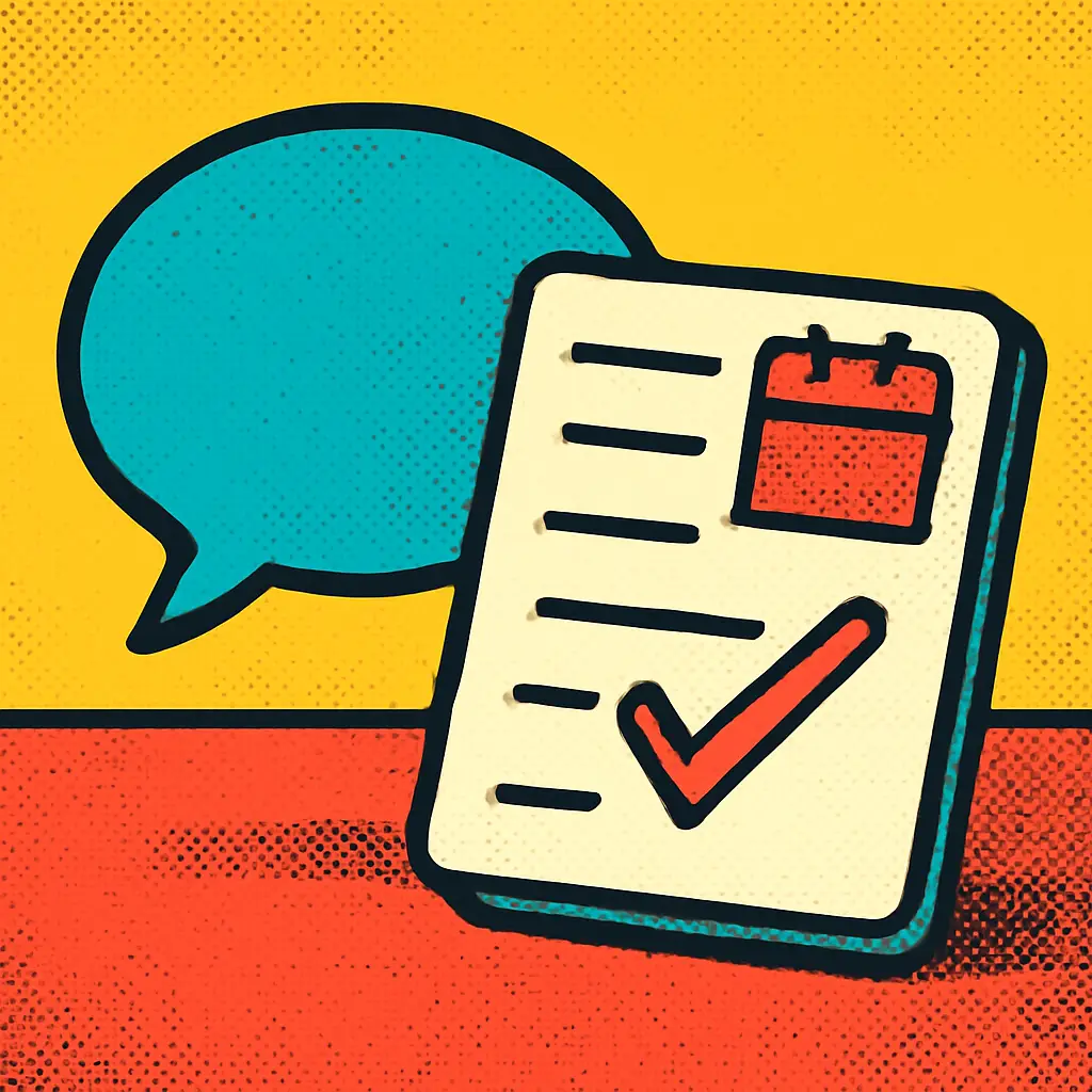 A conversation bubble turning into a task card with a calendar marker and checkmark.