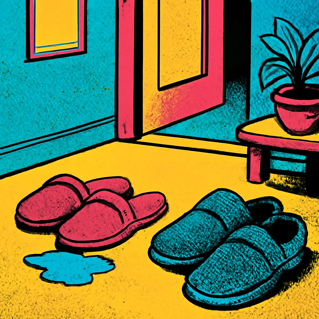 Sturdy house shoes beside a clear indoor path, contrasting with worn slippers near a wet spot.
