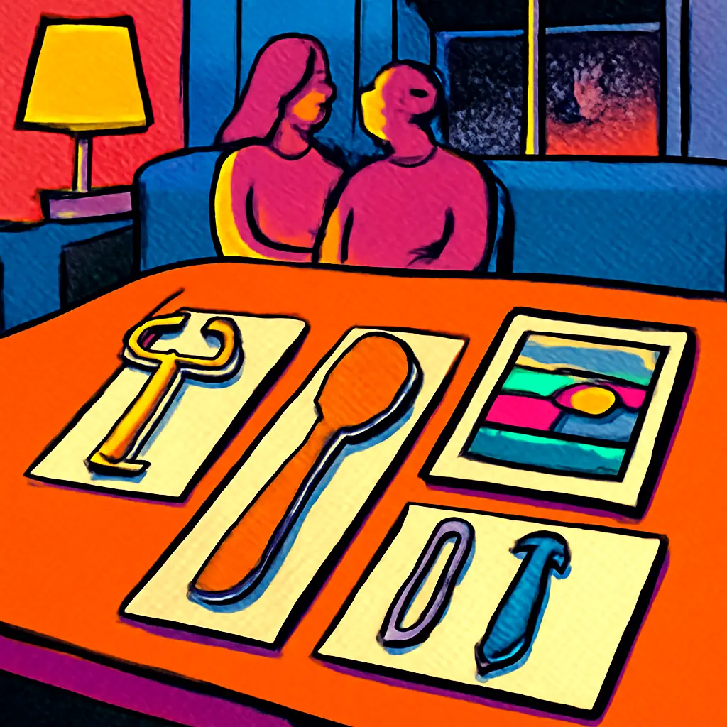 Everyday objects displayed with small blank cards on a coffee table for a tiny museum night.