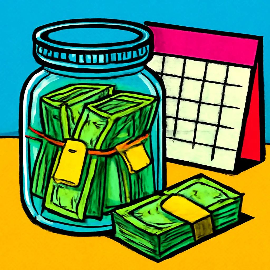 Cash in a transparent jar is divided into reserved bundles and one smaller spending bundle beside a calendar.