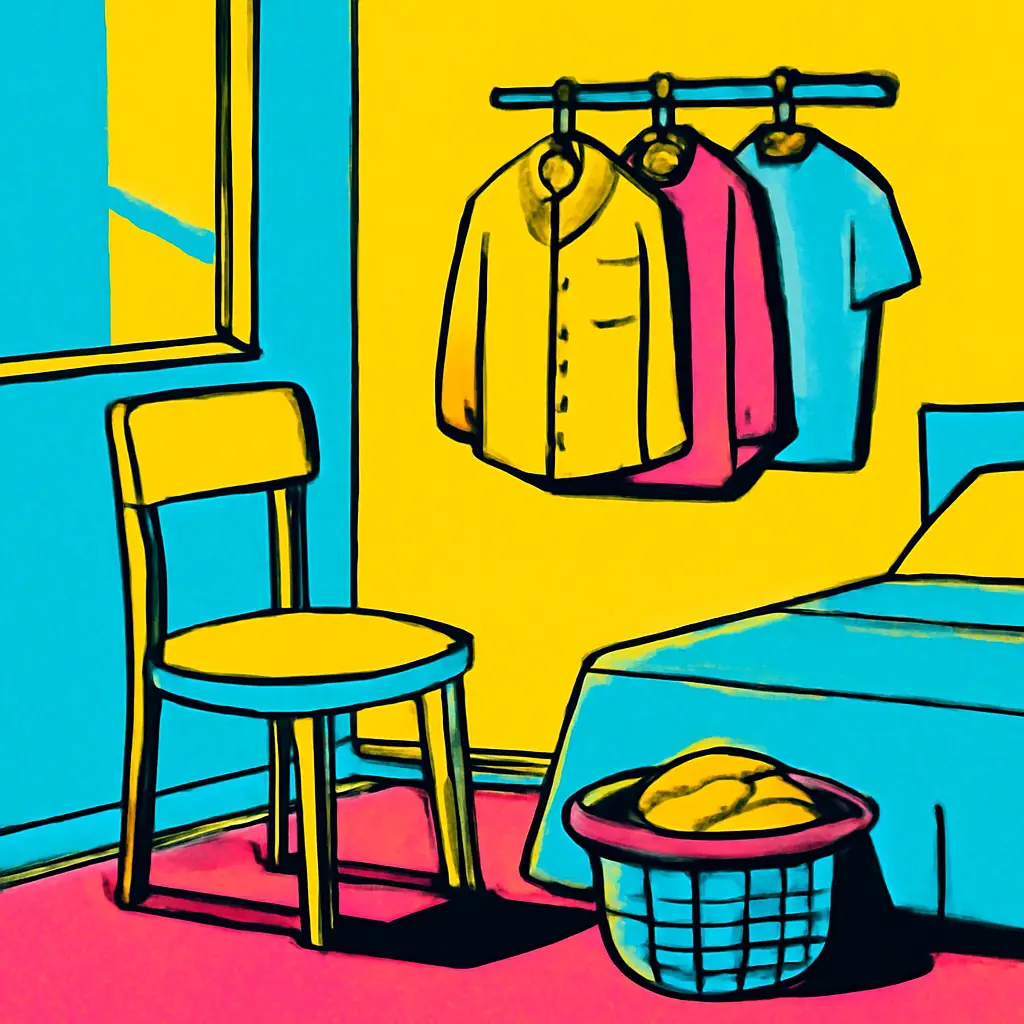 A clear bedroom chair beside a small rail for lightly worn clothes and a nearby laundry basket.