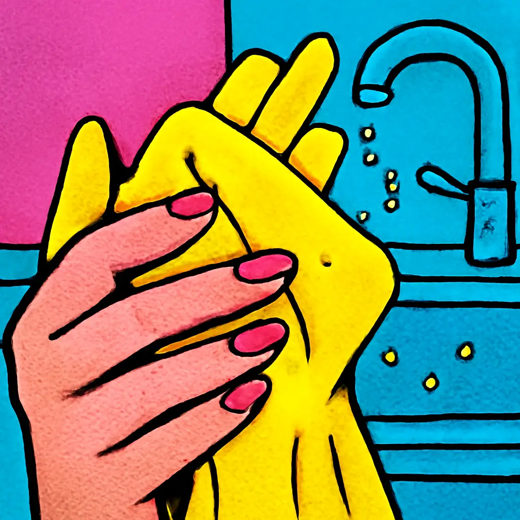 Illustration of painted nails protected by a dishwashing glove beside a sink.