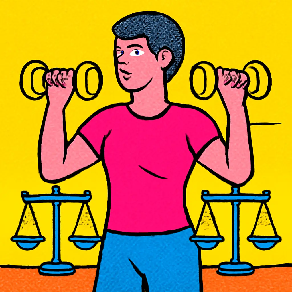 Illustration of an exerciser balancing matching dumbbells with a visual metaphor of even training on both sides.