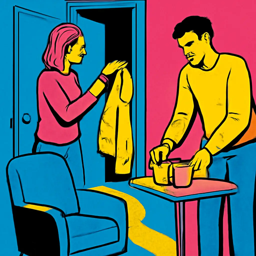 Two people create space for a quiet arrival and a later conversation at home.