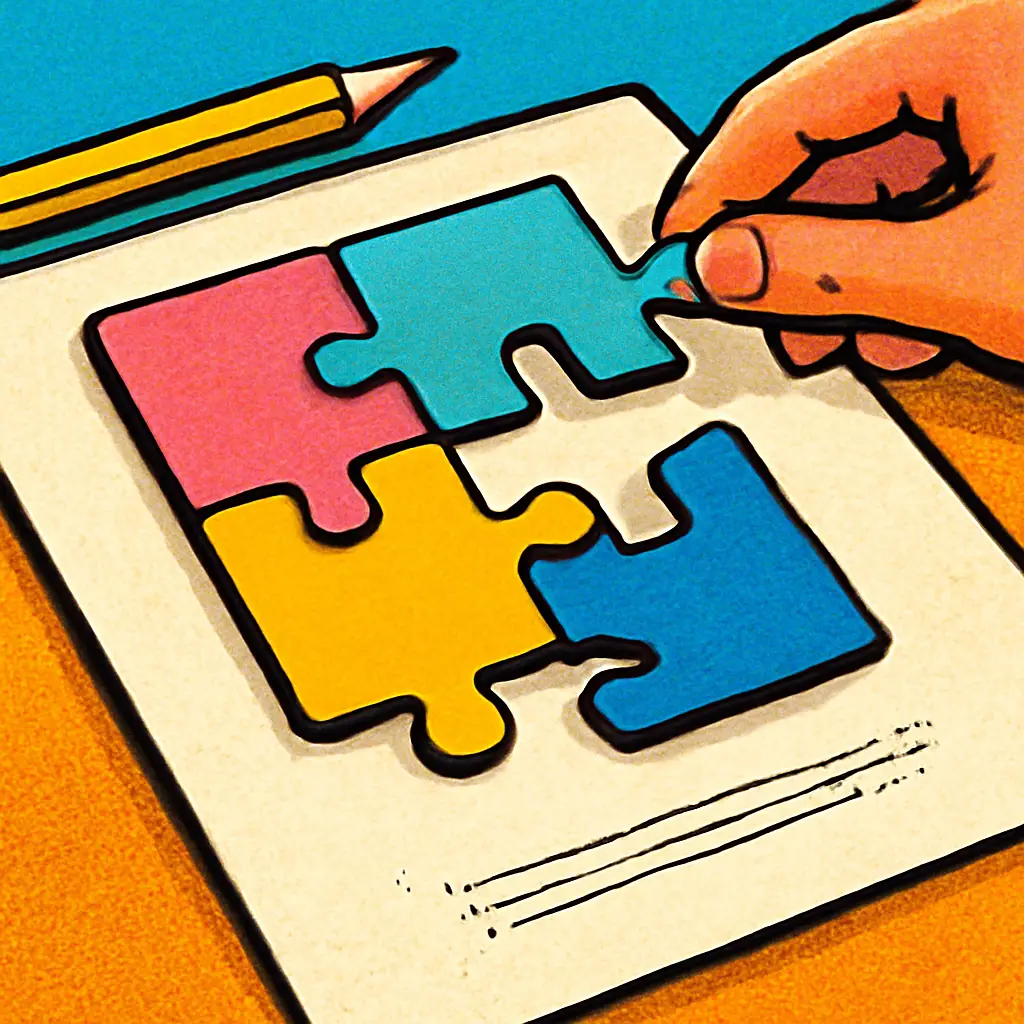 Four puzzle pieces align around a shared model page, representing a group report standard.