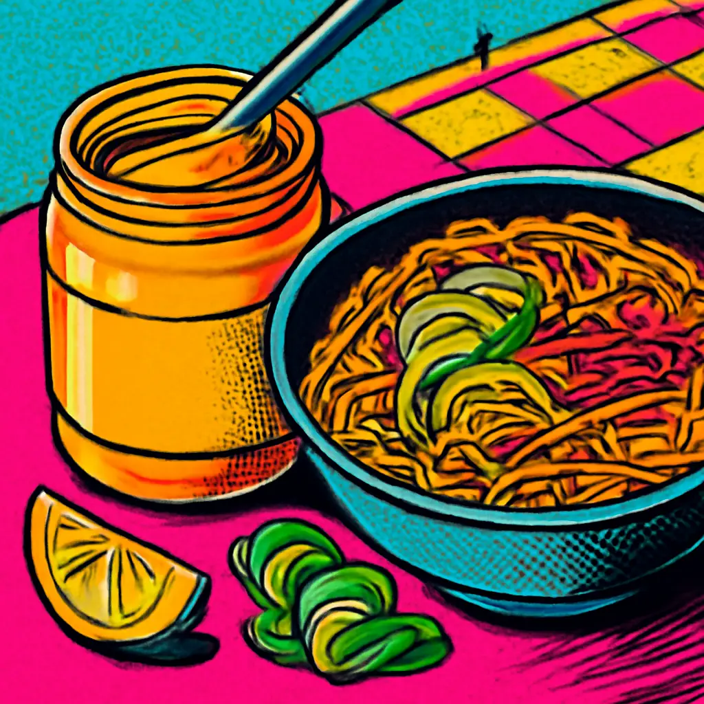 An almost-empty nut butter jar beside noodles and crisp vegetables, ready to become a sauce.