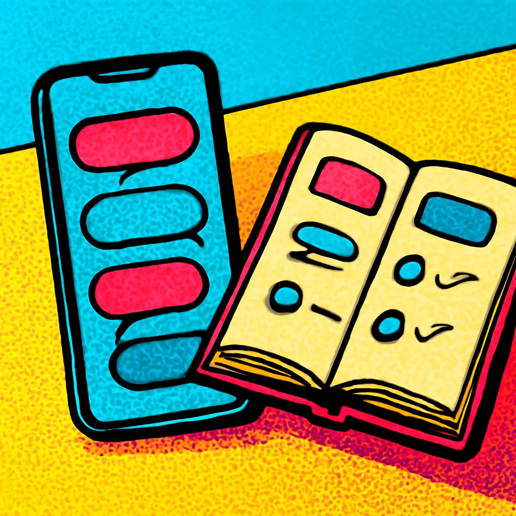 Chat bubbles flowing from a phone into an organized three-section notebook.