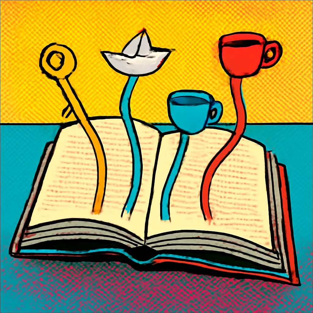 An open book with colored bookmarks connecting to small symbolic objects representing separate remembered stories.