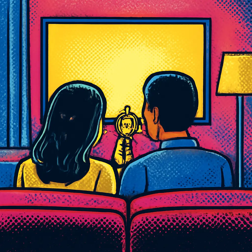 Two people on a sofa watching a movie, with a compass symbolizing open-minded shared viewing.