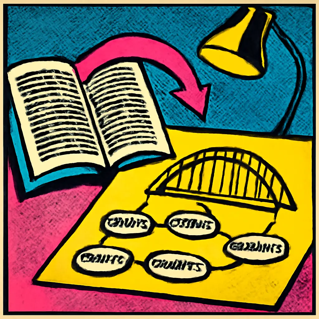 An academic paper shown as a bridge map with five stepping stones for following an argument.