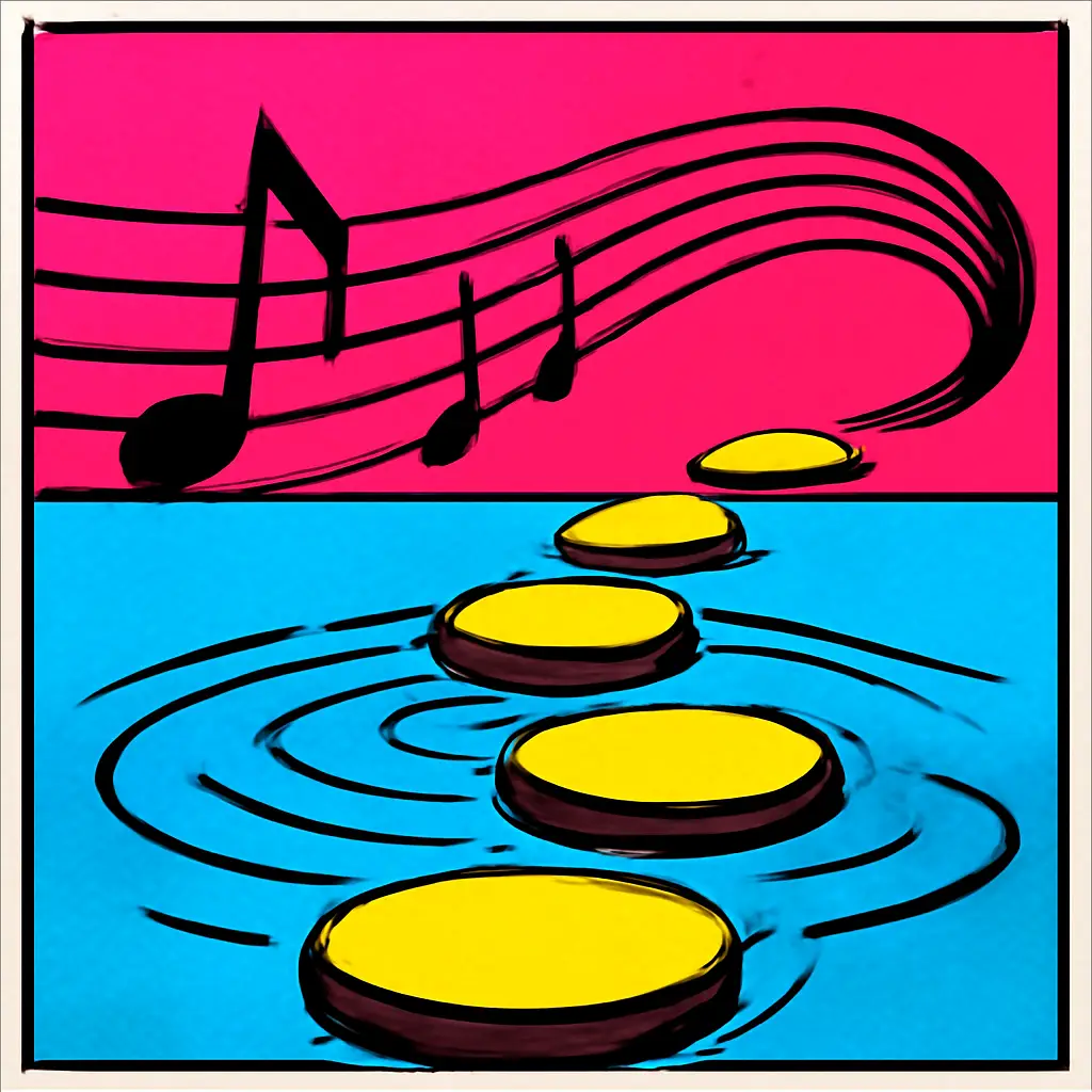 Musical staff lines slowing into a calm pause and continuing as evenly spaced stepping stones.
