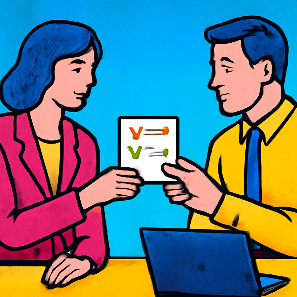 An illustration of a work instruction card being passed like a relay baton between coworkers.