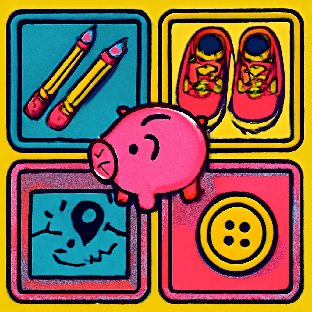 School supplies, shoes, and activity items arranged around a piggy bank to represent a school-year budget.