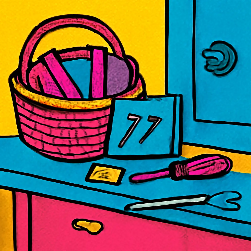 A small basket holds household items waiting for simple repairs beside basic tools.