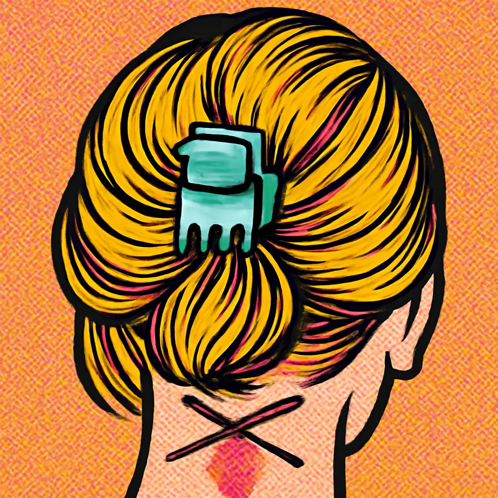 Illustration of a claw clip secured in fine hair with a twisted section and crossed hairpins underneath.