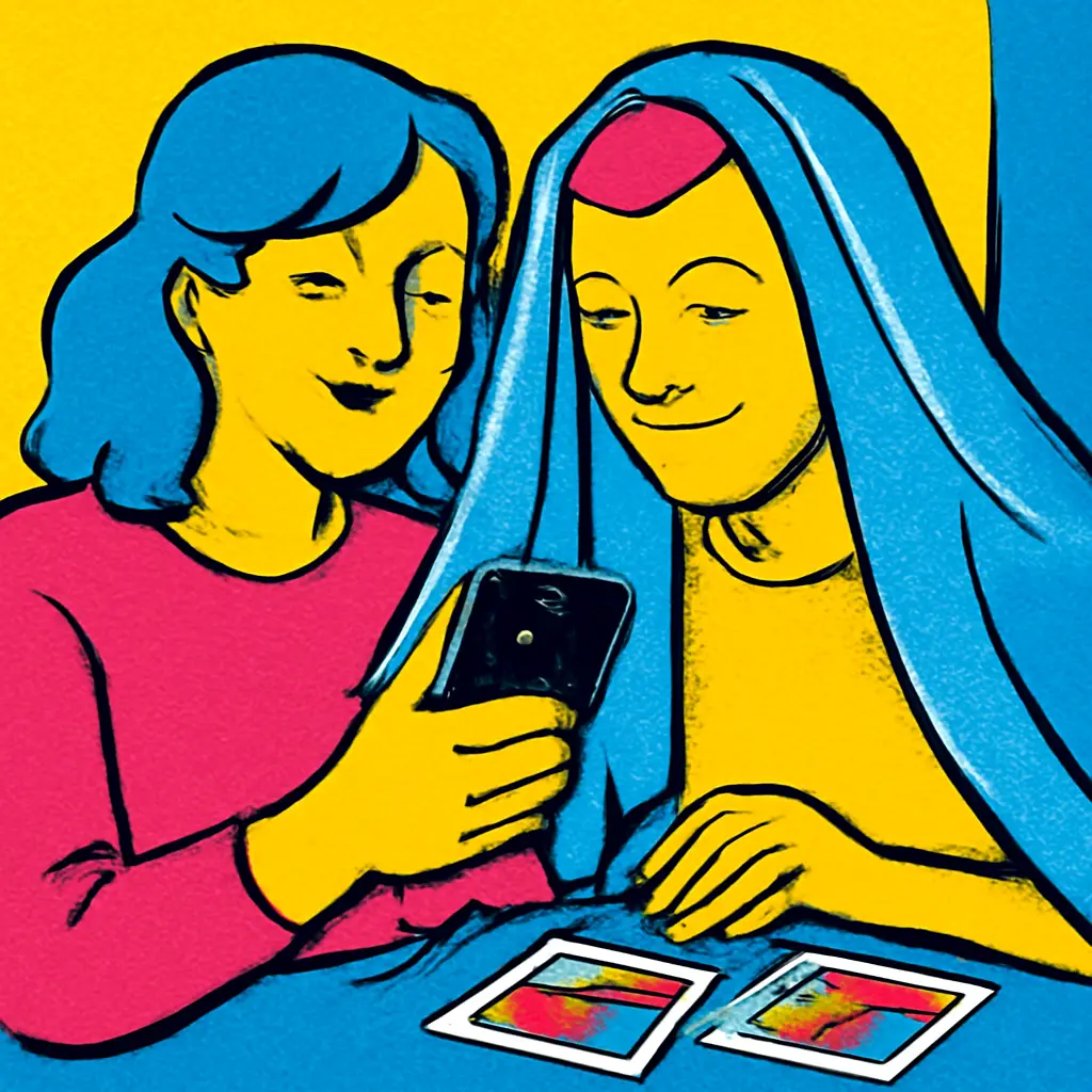 Two friends review a photo together, symbolizing consent before social media sharing.