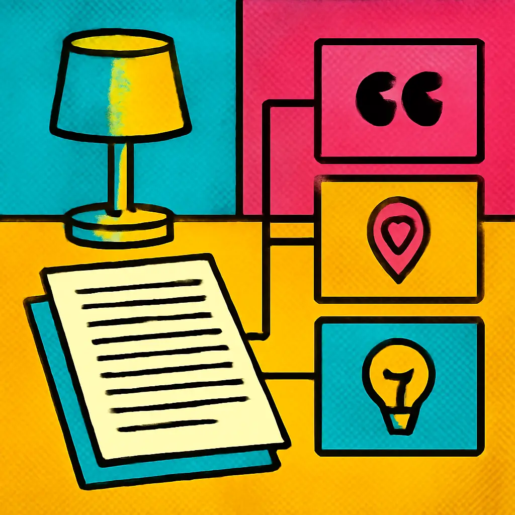 A research document connected to neatly organized note cards with separate quote, location, and idea sections.