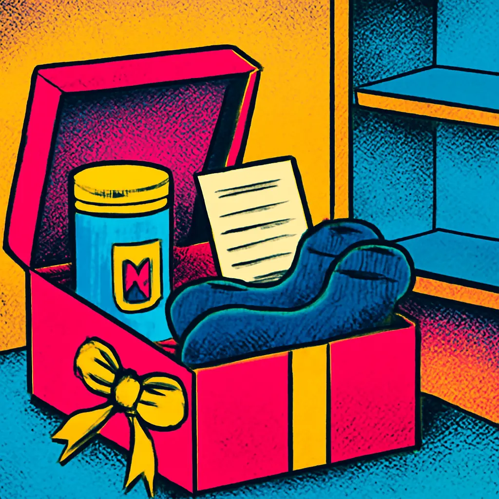 A small holiday gift box holding useful everyday gifts beside a simple wish list and uncluttered shelf.