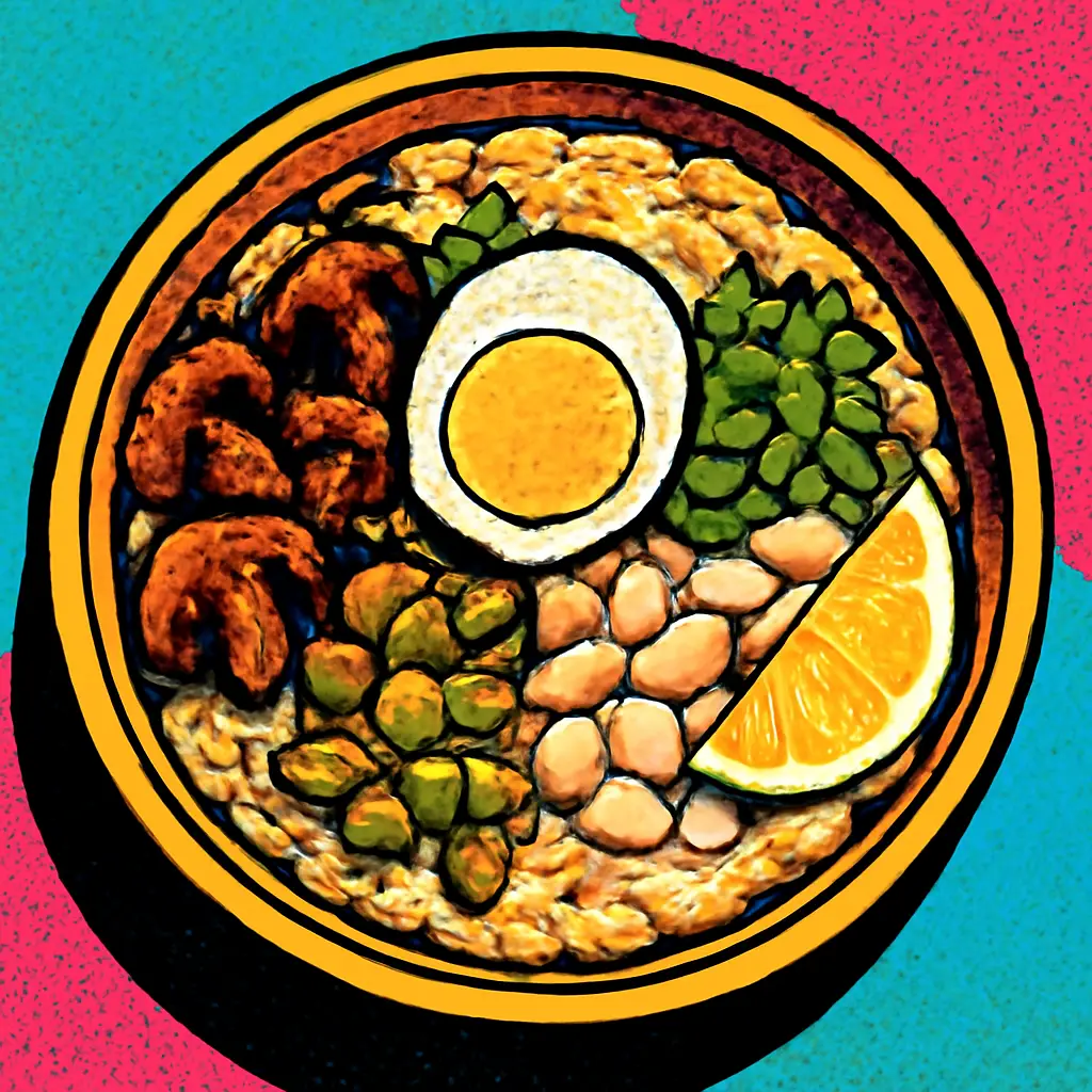 A bowl of savory oatmeal topped with mushrooms, egg, beans, seeds, scallions, and lemon.