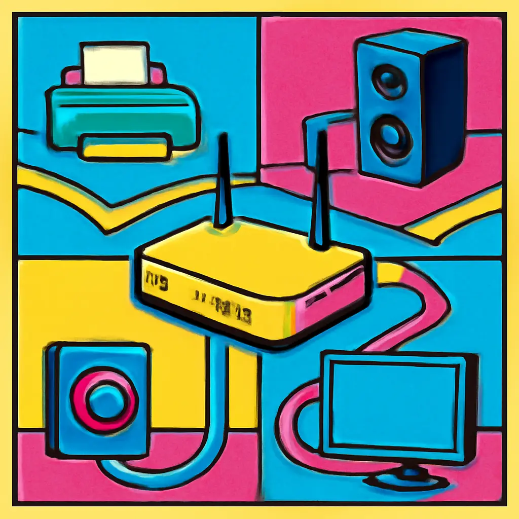 Illustration of a router connected in an organized way to common smart-home devices in different rooms.