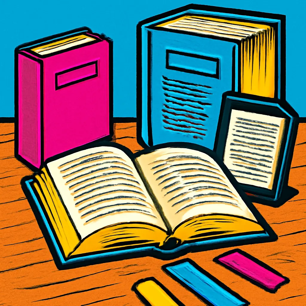 An open classic novel surrounded by different editions, with bookmarks leading to the most readable copy.