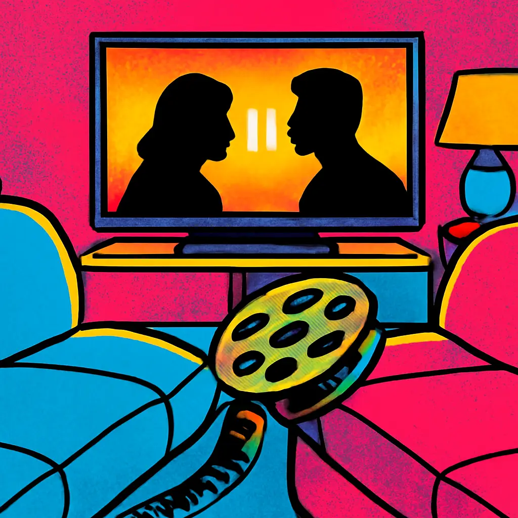 A paused movie screen and a film reel forming a bridge across a small gap in a living room.