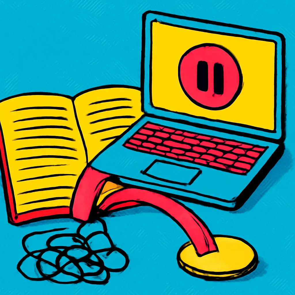 A notebook and paused laptop connected by a small bookmark bridge to a clear next step.