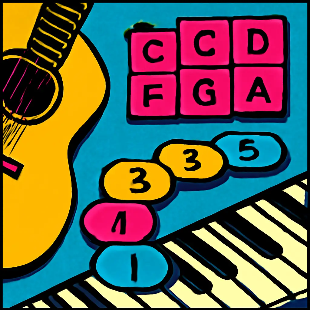 Chord tiles changing into numbered stepping stones beside a keyboard and guitar neck.