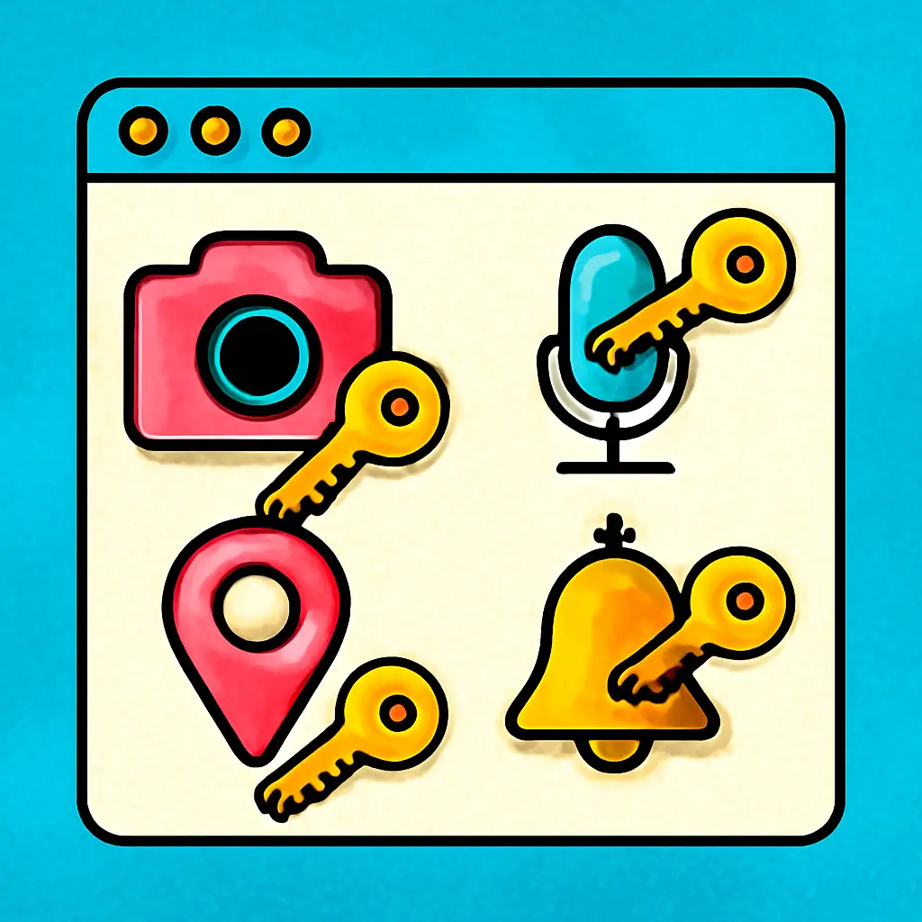 Illustration of browser permission icons being tidied and removed after temporary use.