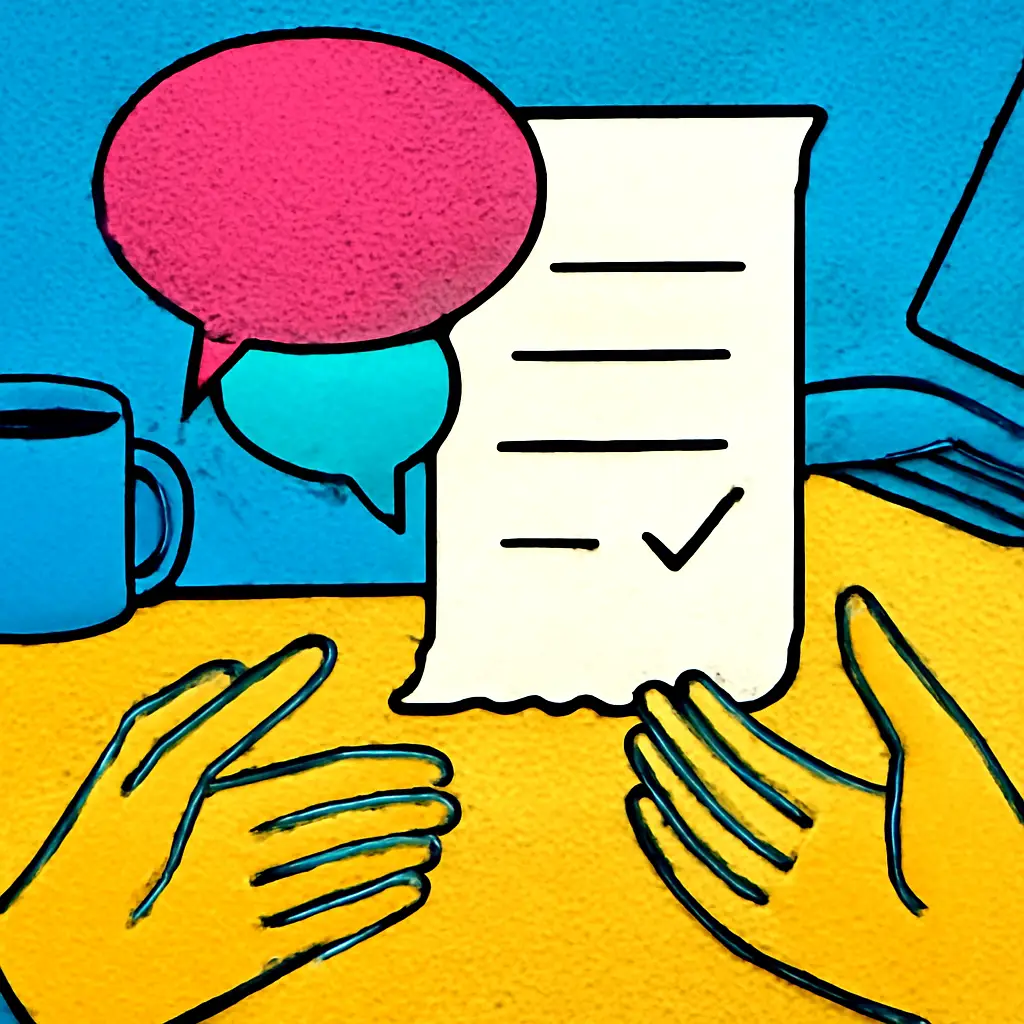Illustration of fading speech bubbles becoming a clear written decision receipt on a desk.