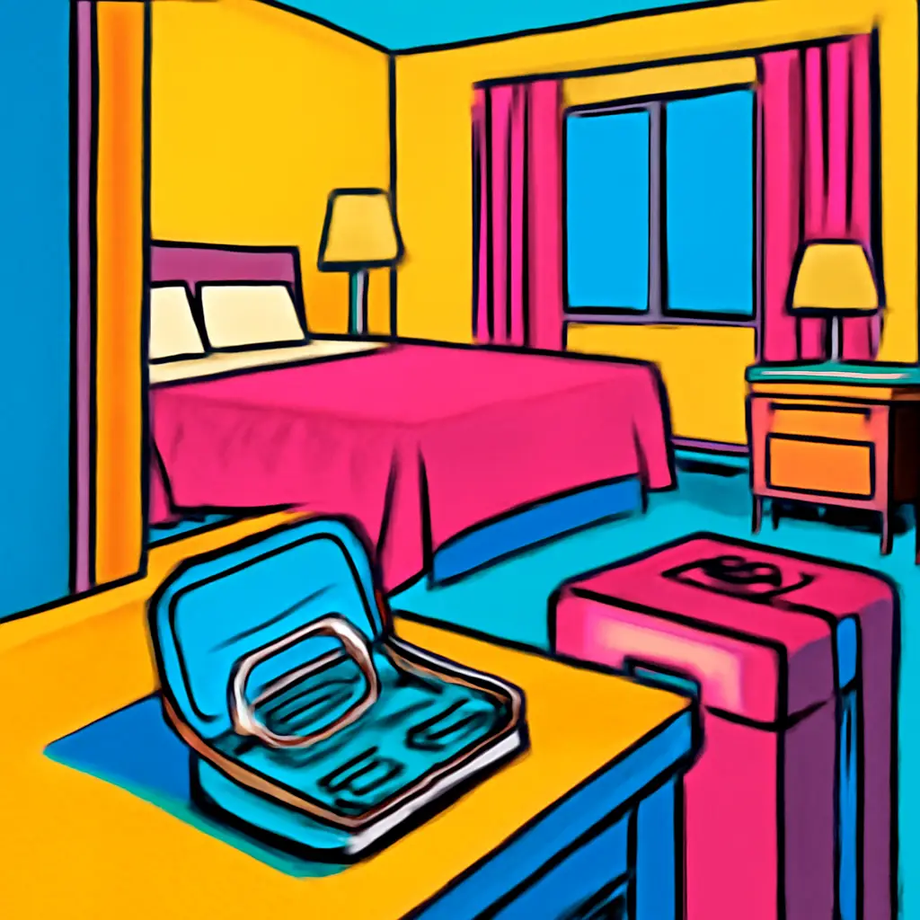 A packed suitcase and an open pouch for small essentials in a hotel room, arranged for a departure check.