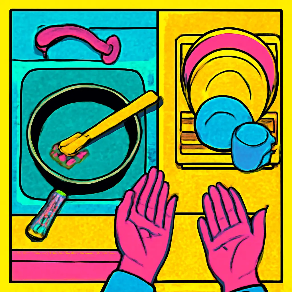 A dishwashing station with a handled brush, soaking pan, and drying rack arranged to reduce hand strain.