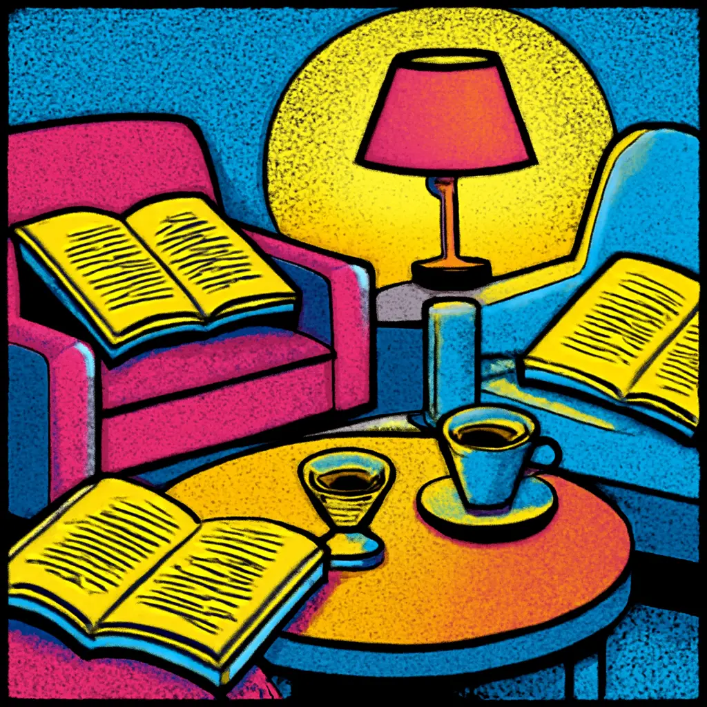 Open books and tea in a warmly lit living room prepared for a quiet group reading night.