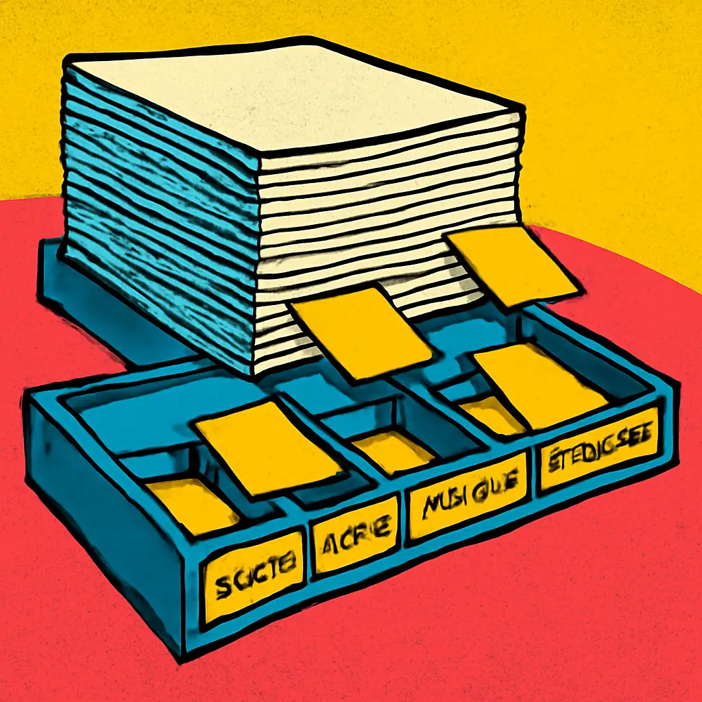 A stack of documents being sorted into a small tray of focused note categories.