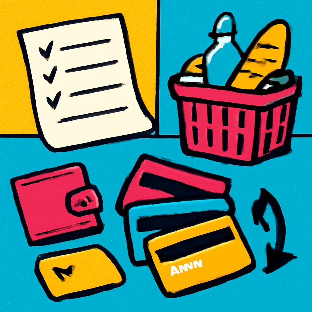 Unbranded gift cards organized beside a shopping list and everyday household items.