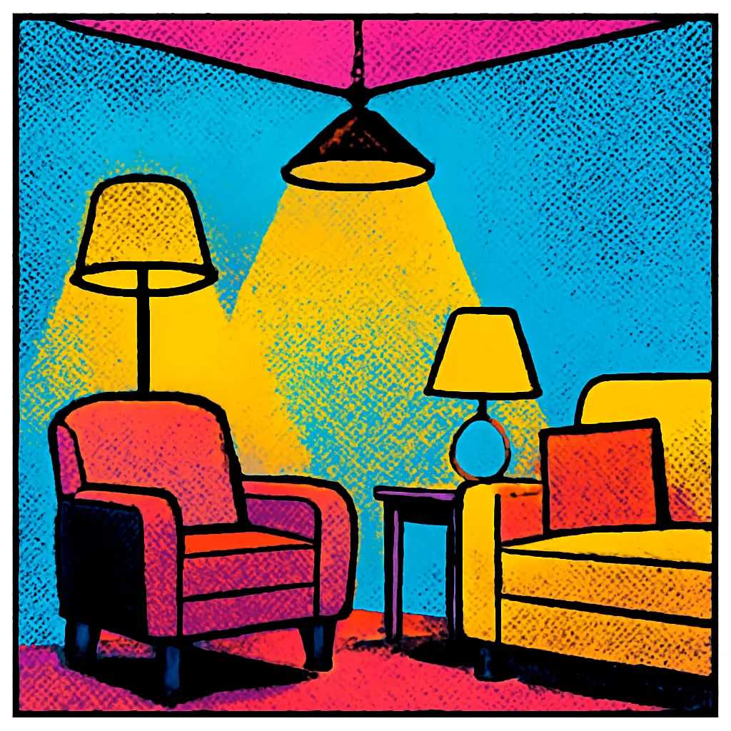 A rented living room made comfortable by layered light from a floor lamp and table lamp.