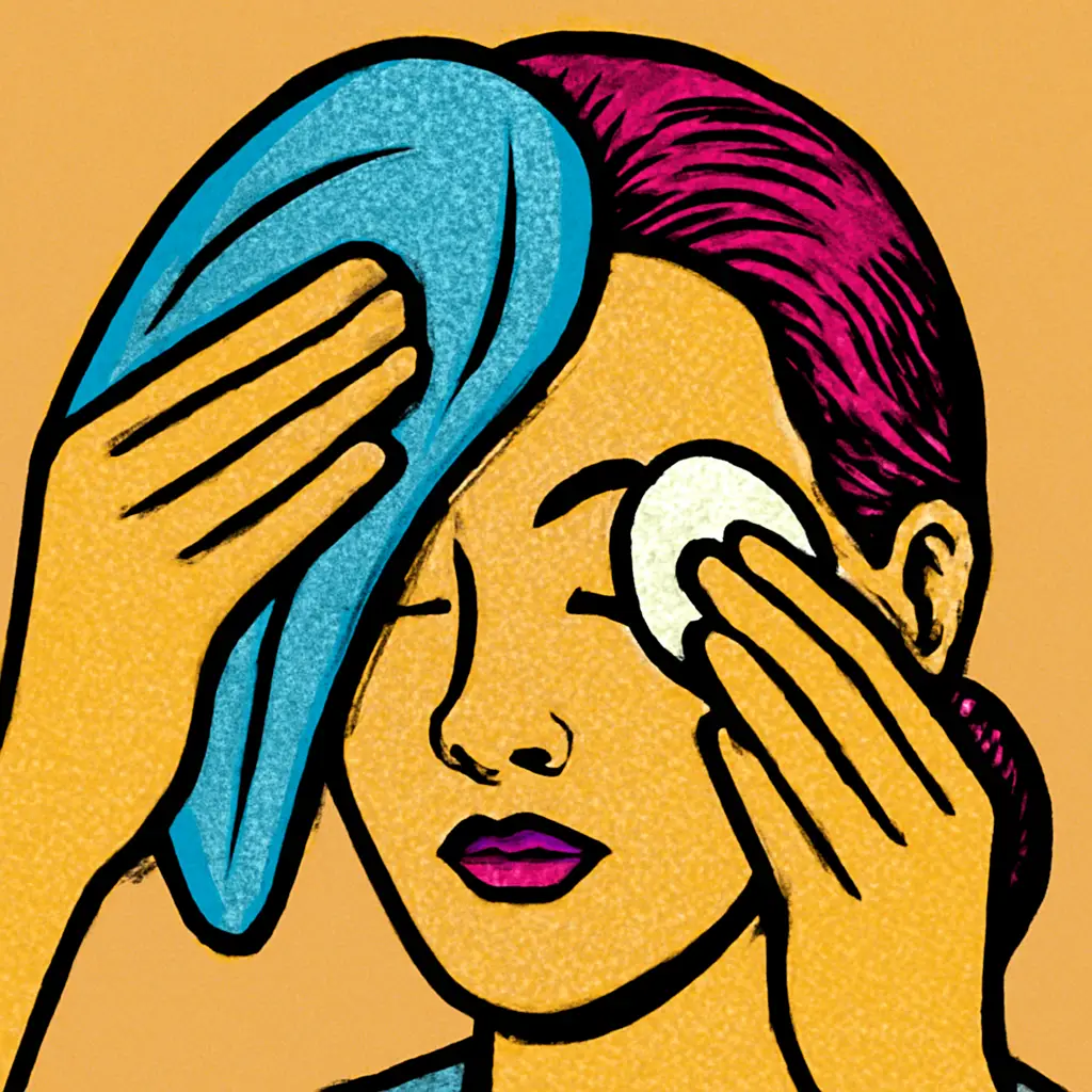 Illustration of controlled makeup removal at the hairline while protecting styled hair with a cloth.
