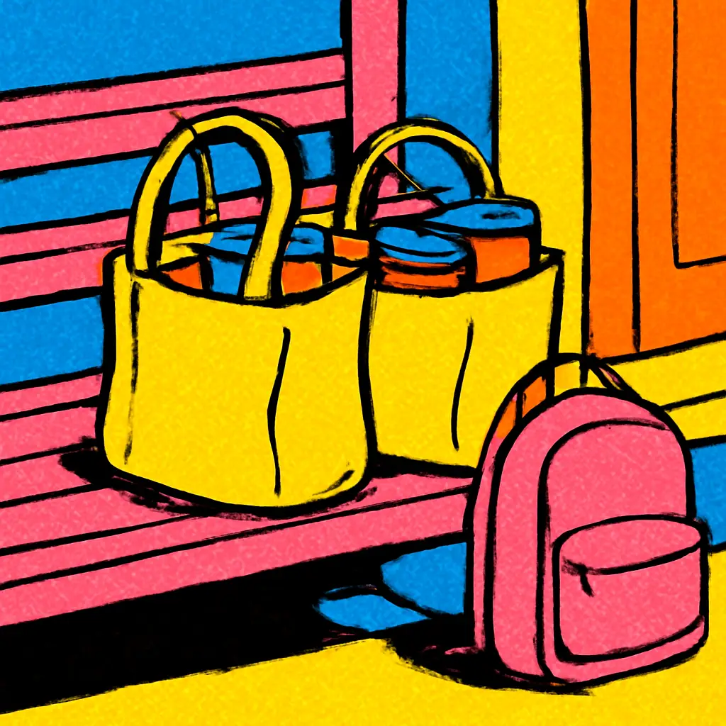 Balanced grocery bags and a backpack beside a home entry bench.