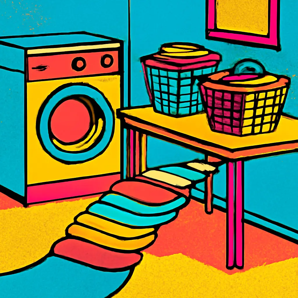 Laundry baskets and folded clothes arranged on a waist-high table beside a washer.