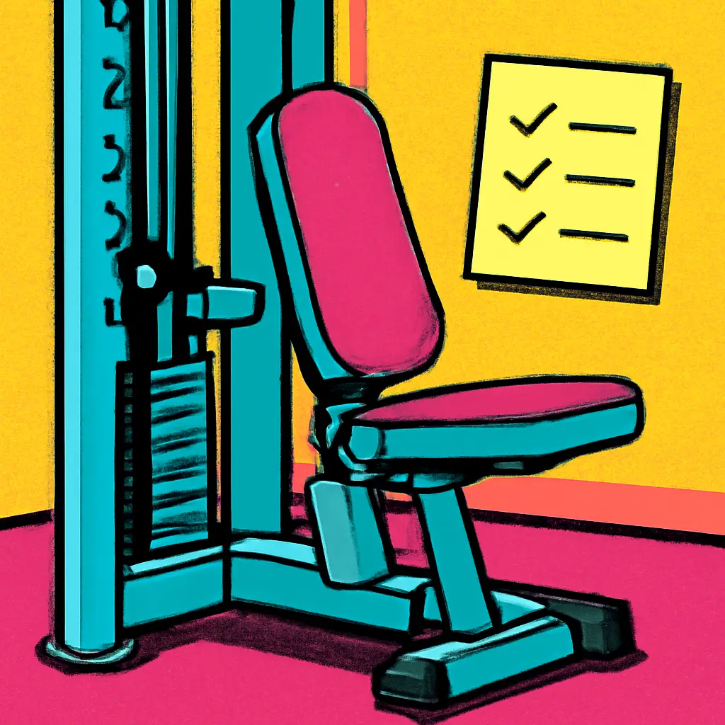 Illustration of an adjustable gym machine beside a personal setup note card.