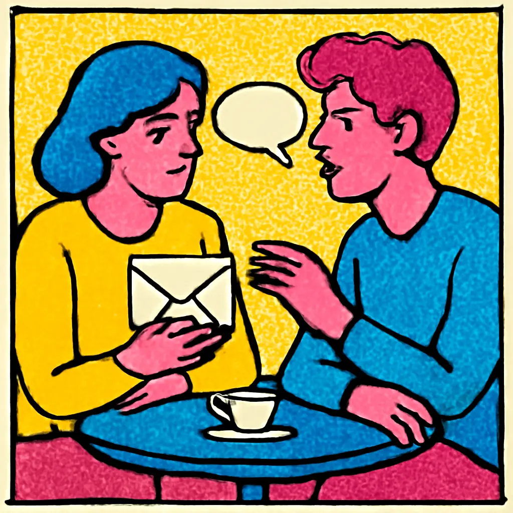 Two friends talk privately at a cafe table, with an envelope symbolizing confidential personal news.