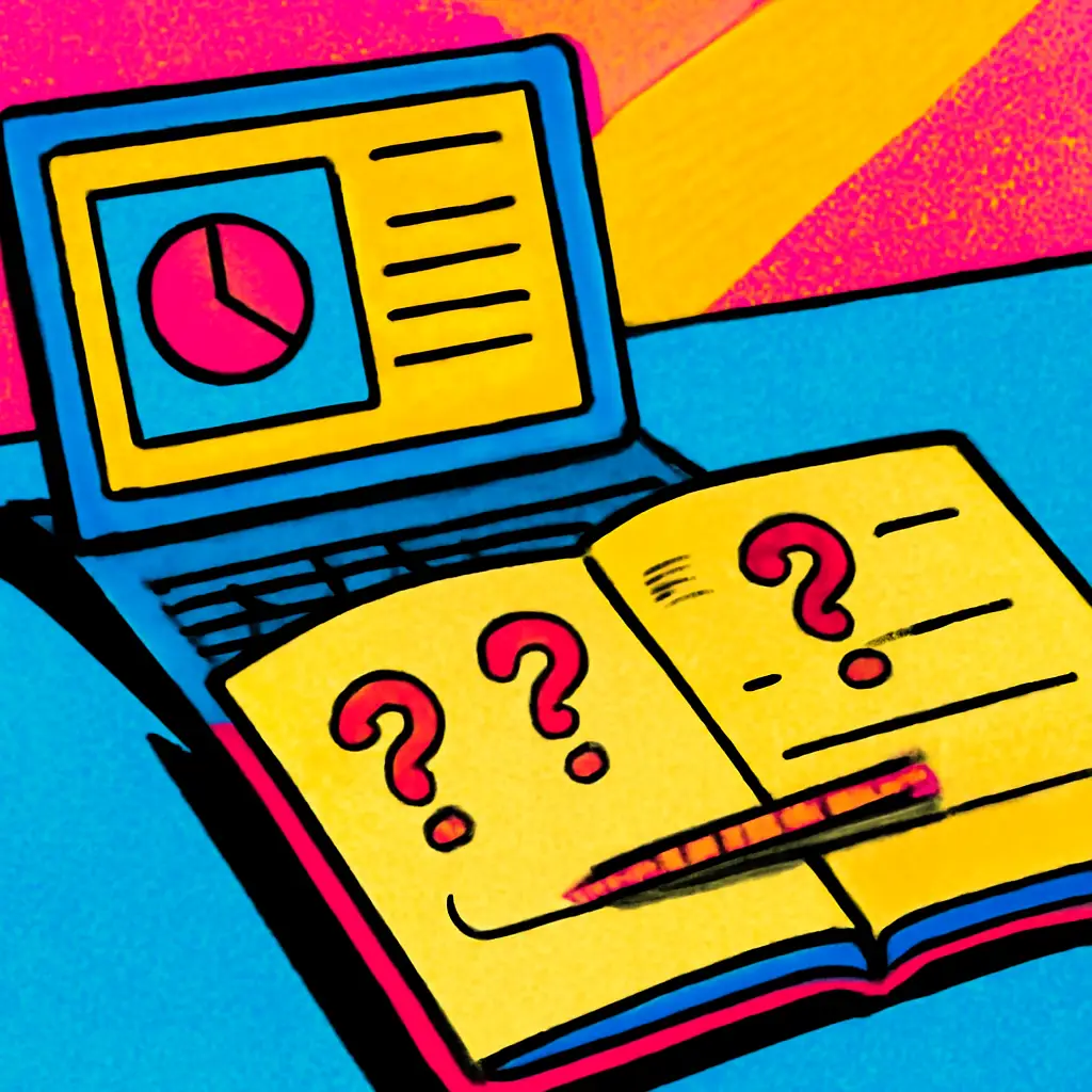 A laptop with lecture slides beside a notebook organized around questions and blank space for class notes.