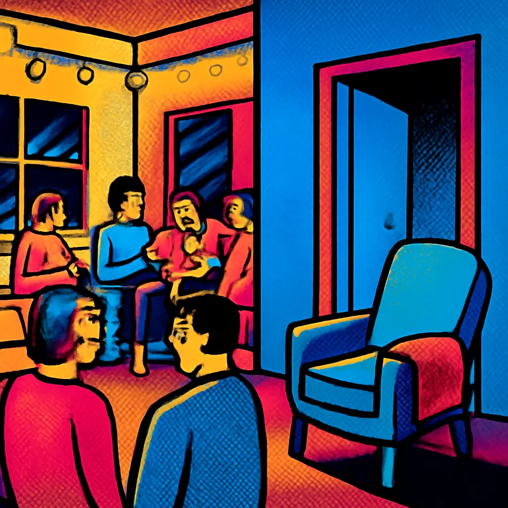 Illustration of a calm side room beside a busy holiday gathering.