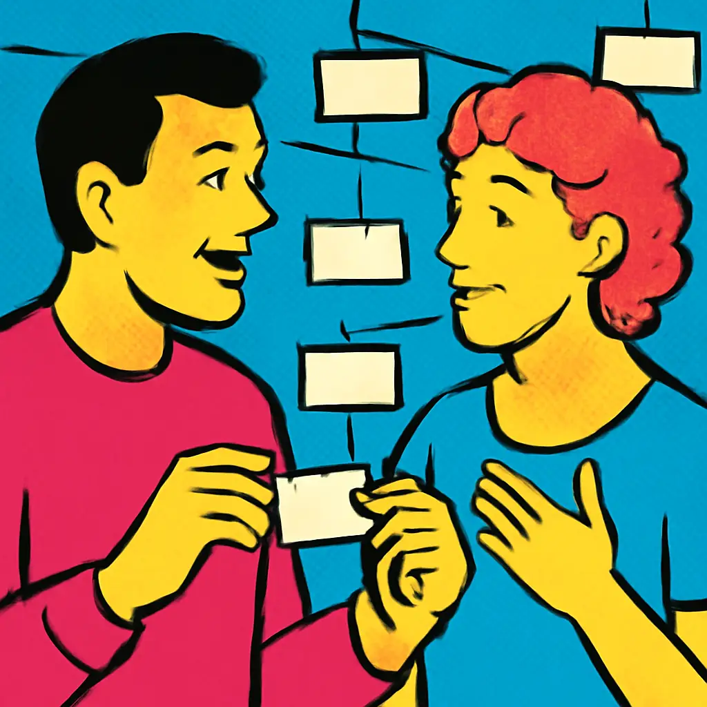 Two people at a community gathering repairing a naming mistake with attentive conversation.