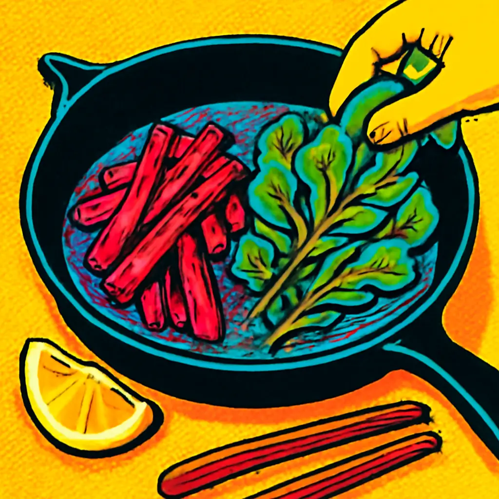 Beet stems and leafy greens cooking in stages in a wide skillet.