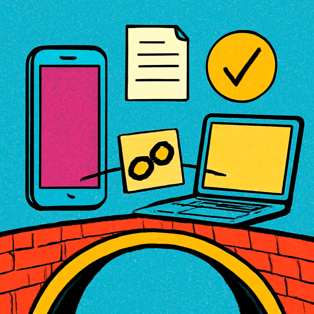 A smartphone and laptop connected by a small note carrying task details across a bridge.