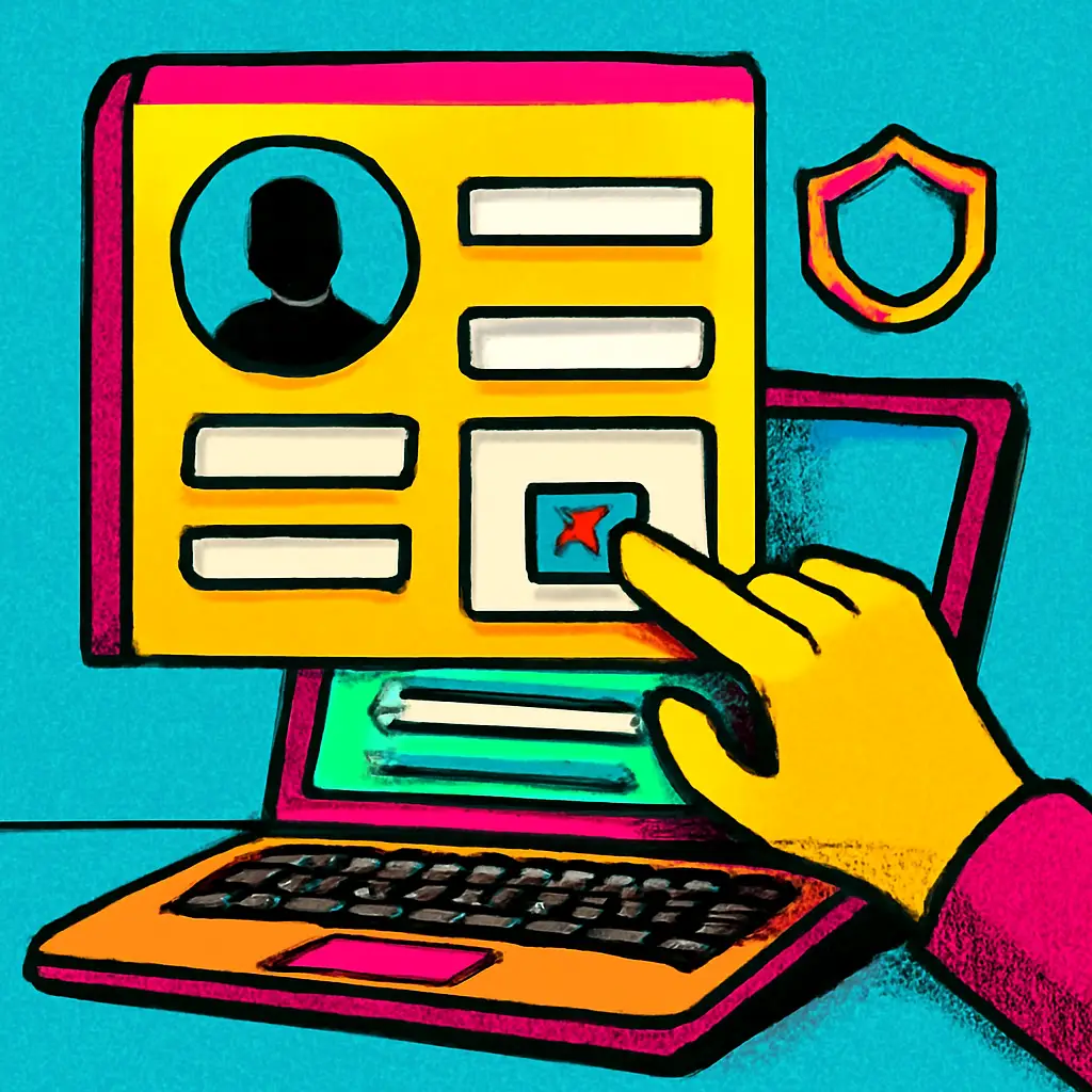 An illustration of a private profile card being checked against an online form on a laptop.